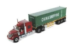 International LoneStar Sleeper SFFA Tandem Cab Truck Tractor With Skeleton Trailer And China Shipping Dry Goods Sea Container, Red And Green - Diecast Masters 71045 - 1/50 Scale Diecast Model Toy Car