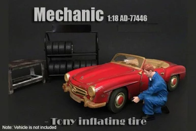 Mechanic Tony Inflating Tire, American Diorama 77446 - 1/18 Scale Accessory For Diecast Cars
